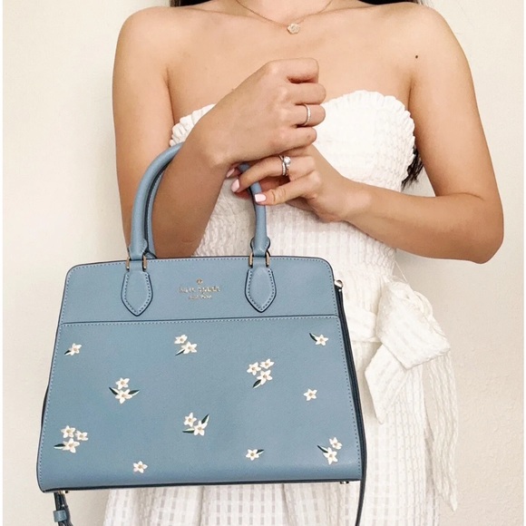 Kate Spade Madison Floral Embroidered Medium Satchel Polished Blue + Wallet - Picture 2 of 8